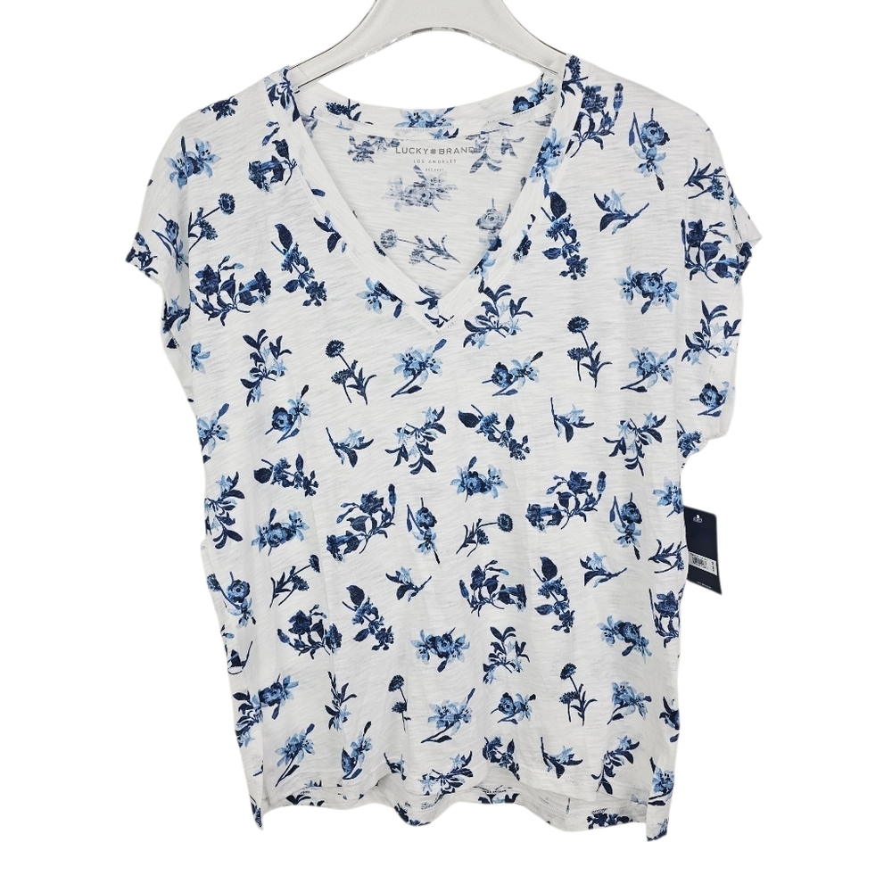 Lucky Brand White Blue Floral V-neck Cotton Blend T-shirt NWT